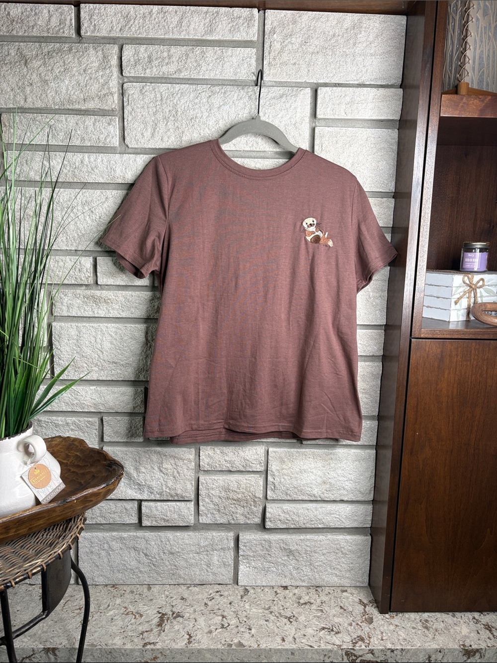 Kids Brown Short-Sleeve Crewneck T-Shirt with Small Embroidered Sloth